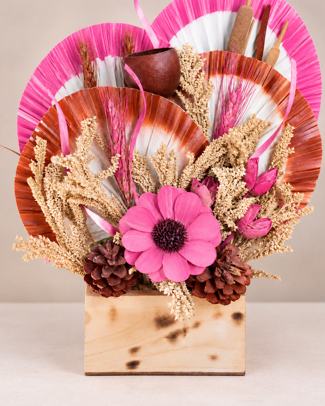 Blushing Pink Palm Wooden Centerpiece